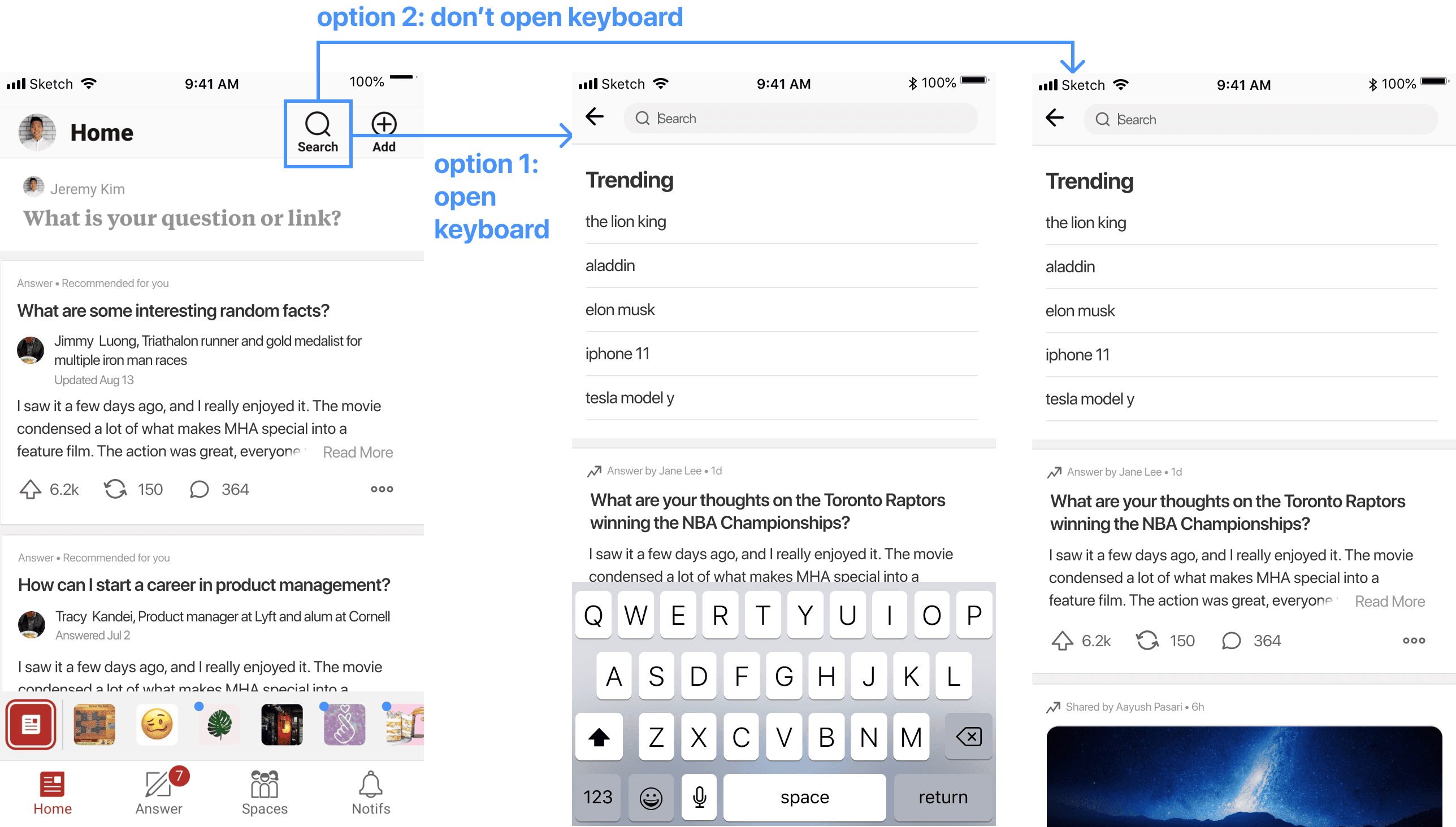 Diagram illustrating whether the keyboard should open when the user taps search